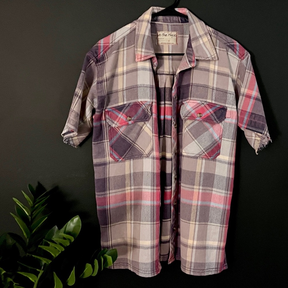 We the Free Pink Plaid Flannel Short Sleeve Shirt S